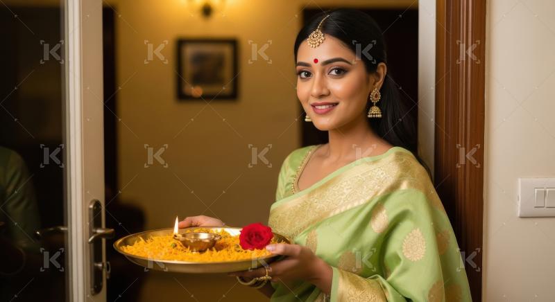 Young indian woman holding oil lamp plate on diwali festival at