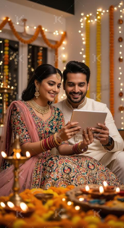 Young indian couple holding smartphone together on diwali festiv