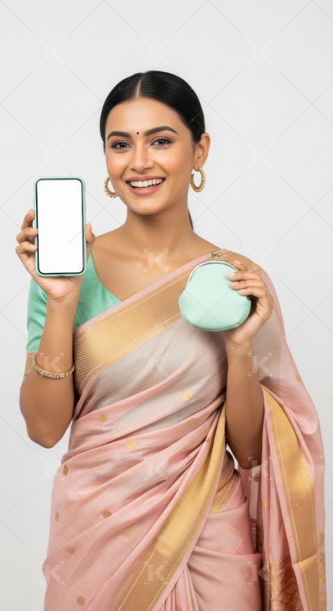 Young indian woman holding smartphone and small purse standing o