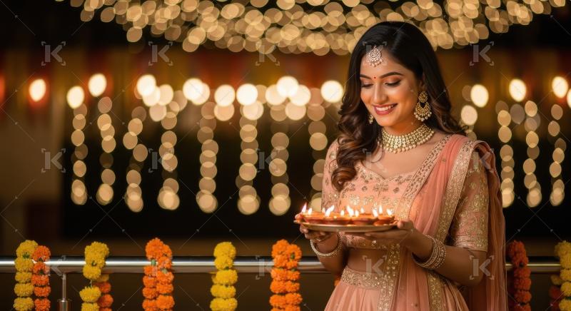 Young indian woman holding oil lamp plate on diwali festival at