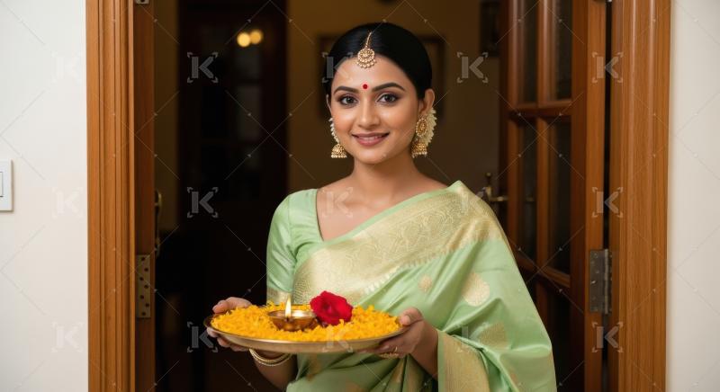 Young indian woman holding oil lamp plate on diwali festival at
