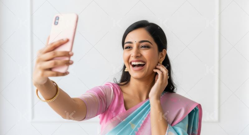 Young indian woman taking selfie with smartphone standing on whi