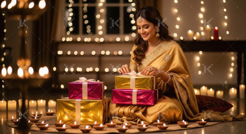 Young indian woman sitting with gift boxes on diwali festival