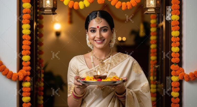 Young indian woman holding oil lamp plate on diwali festival at