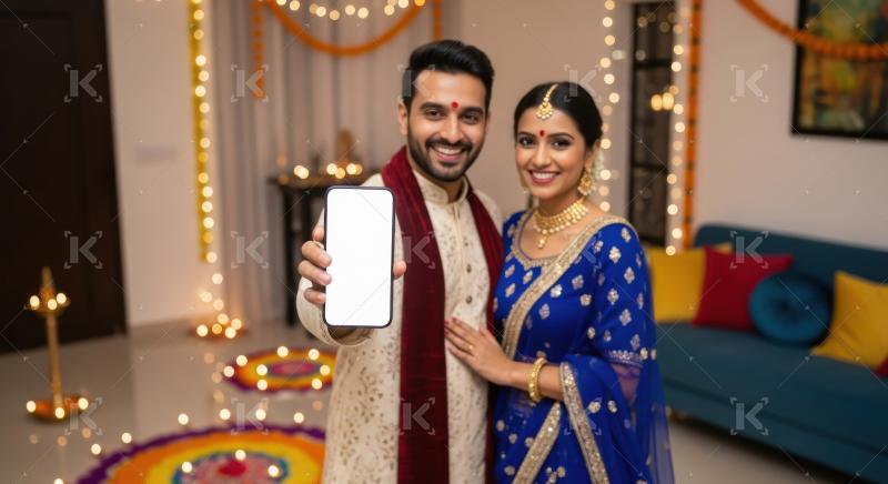 Young indian couple holding smartphone together on diwali festiv