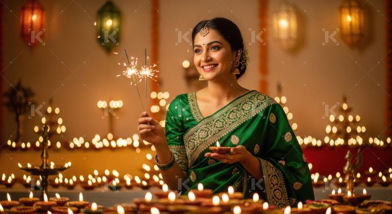 Young indian woman holding sparkler on diwali festival