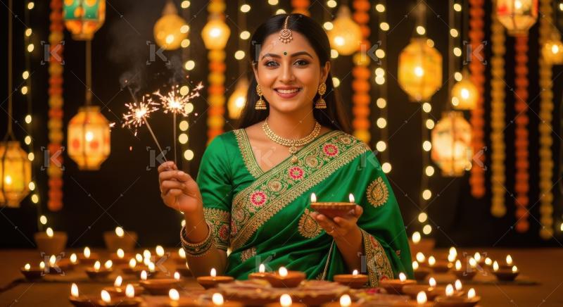 Young indian woman holding sparkler on diwali festival