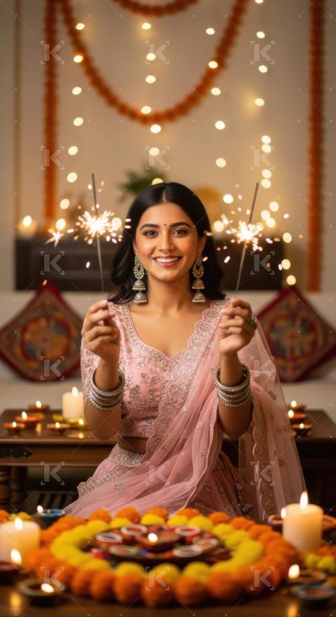 Young indian woman holding sparkler on diwali festival