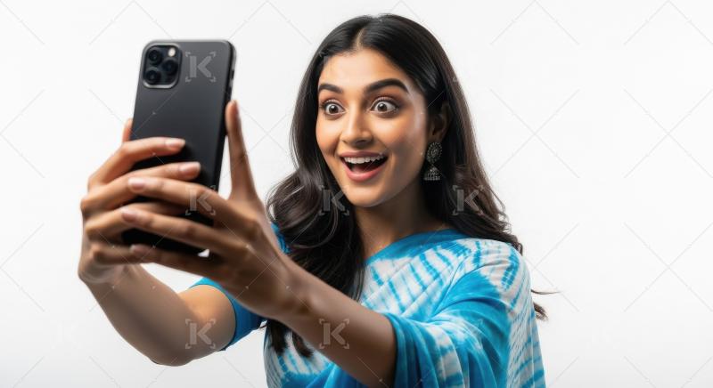 Young indian woman taking selfie with smartphone standing on whi