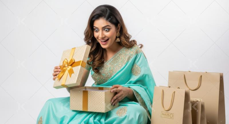 Young indian woman sitting with gift boxes on diwali festival