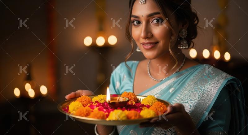 Young indian woman holding oil lamp plate on diwali festival at
