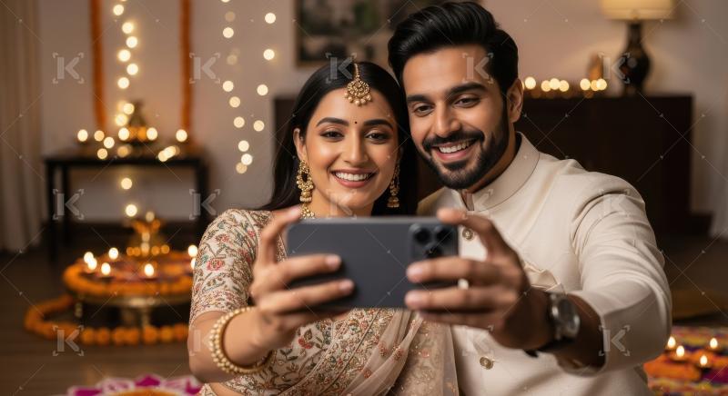 Young indian couple holding smartphone together on diwali festiv