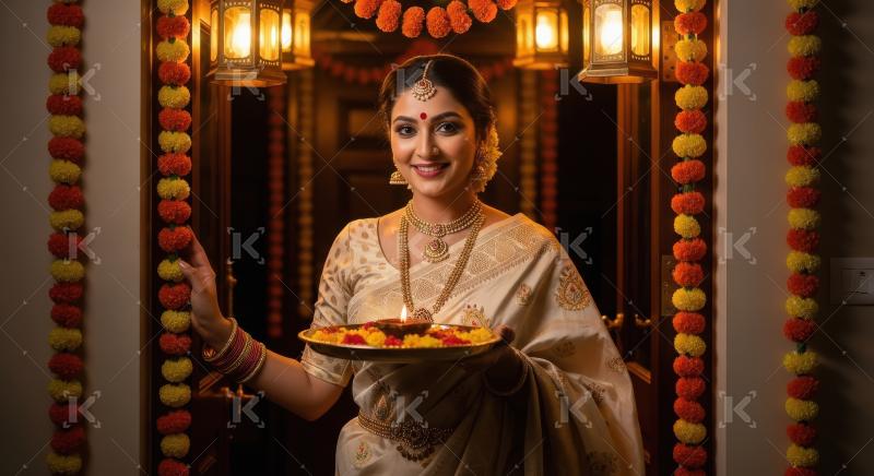 Young indian woman holding oil lamp plate on diwali festival at