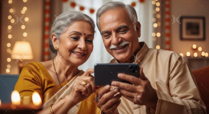 Happy senior indian couple using smartphone together on diwali f