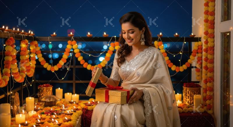 Young indian woman sitting with gift boxes on diwali festival