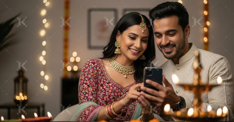 Young indian couple holding smartphone together on diwali festiv