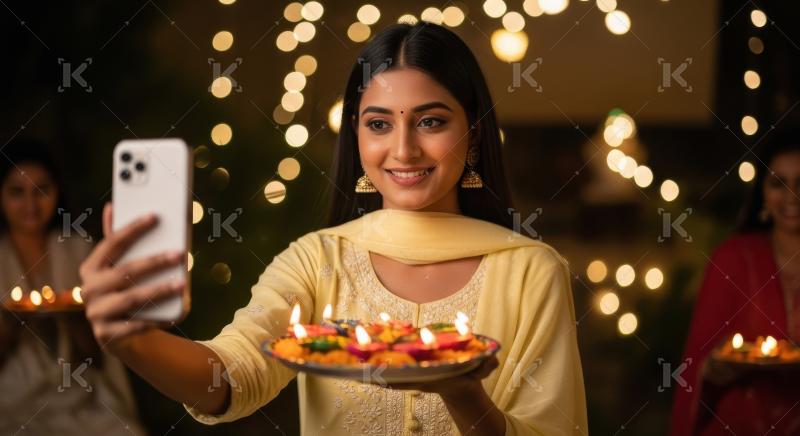 Young indian woman holding oil lamp plate on diwali festival at