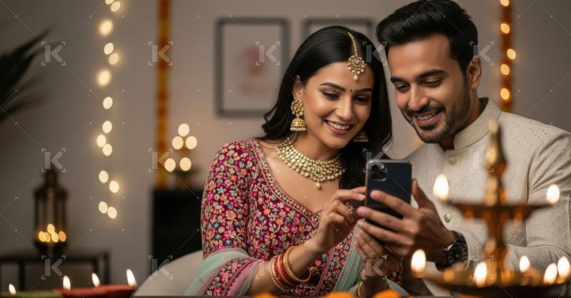 Young indian couple holding smartphone together on diwali festiv