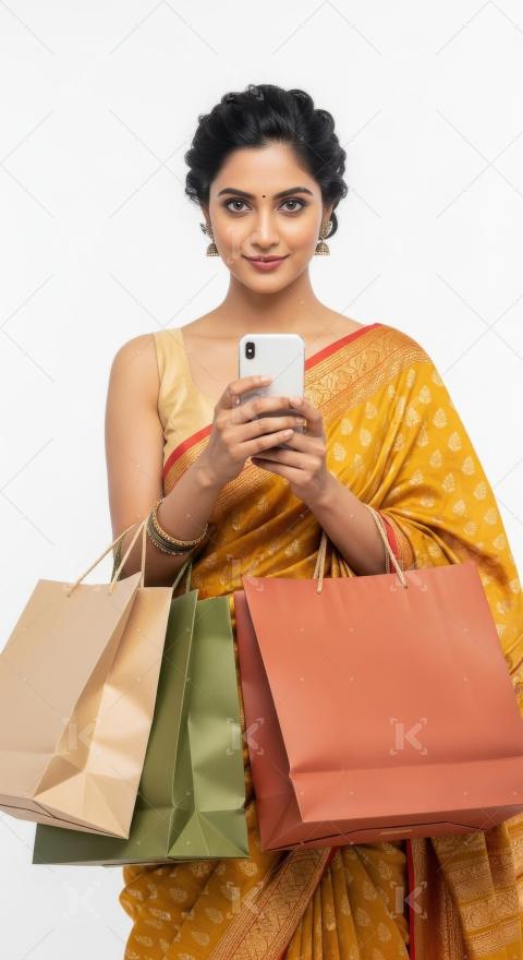 Young indian woman holding shopping bags and smartphone standing