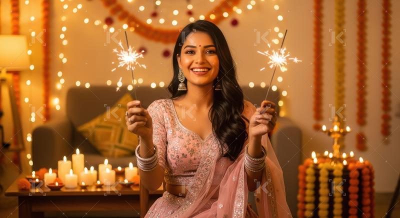 Young indian woman holding sparkler on diwali festival