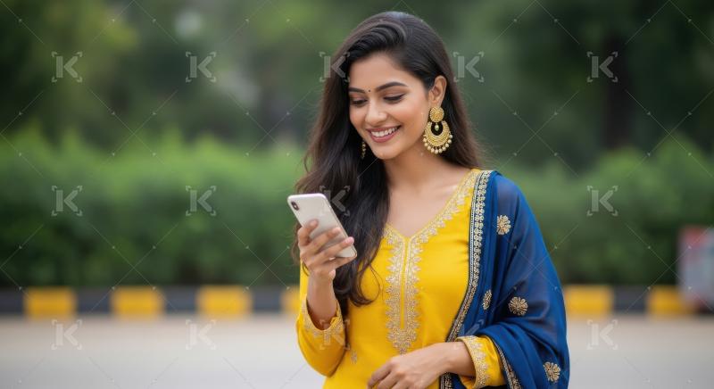 Young beautiful indian woman using smartphone