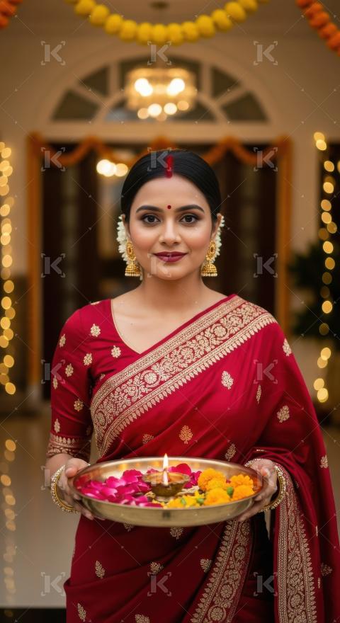 Young indian woman holding oil lamp plate on diwali festival at