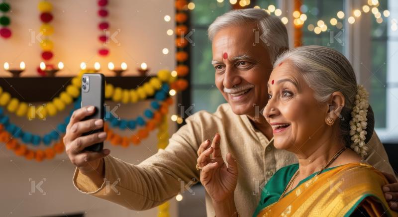 Happy senior indian couple using smartphone together on diwali f