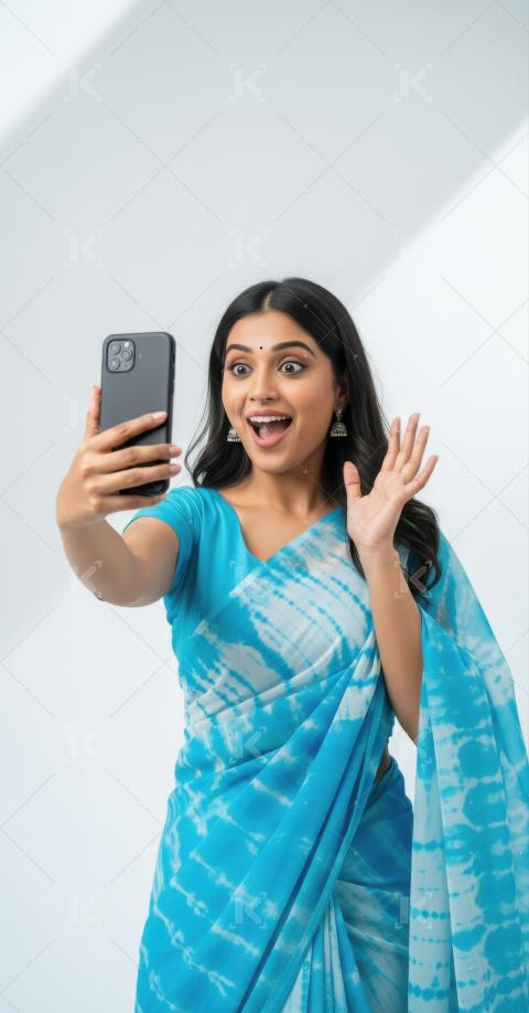 Young indian woman taking selfie with smartphone standing on whi