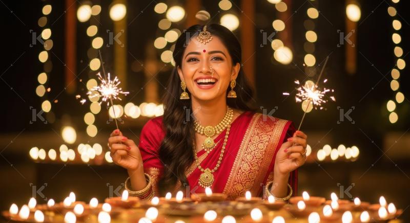 Young indian woman holding sparkler on diwali festival