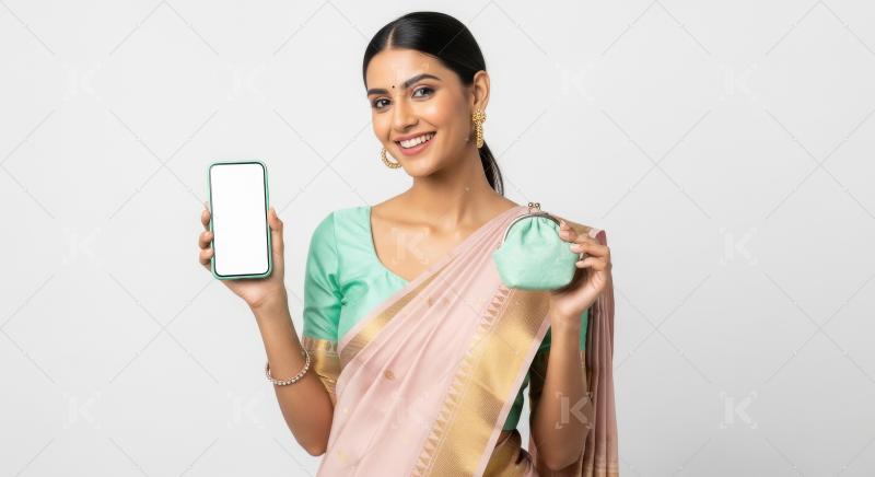 Young indian woman holding smartphone and small purse standing o