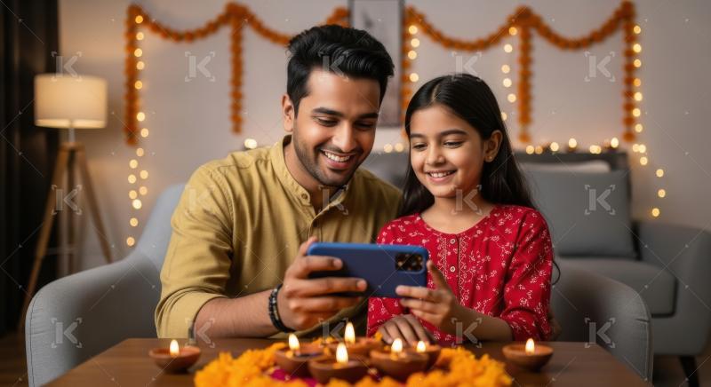 Young indian couple holding smartphone together on diwali festiv