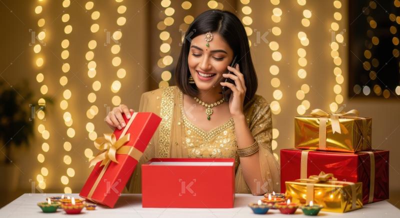 Young indian woman sitting with gift boxes and talking on smartp