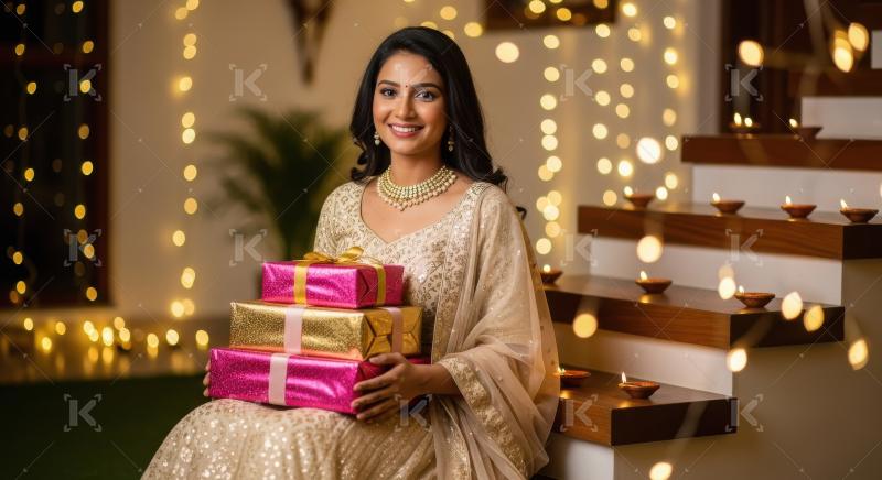 Young indian woman holding gift box sitting at home on diwali fe