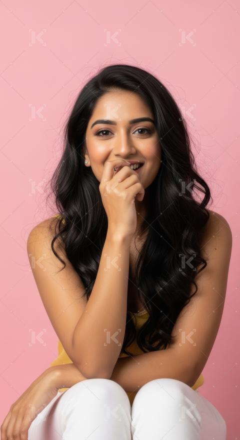 Young beautiful indian woman sitting on pink background