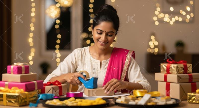 Young indian woman wrapped gifts boxes using tape and ribbons on