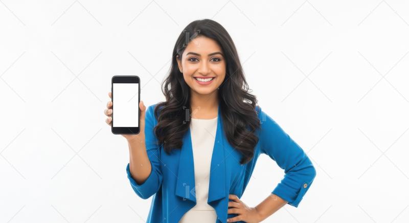 Young indian woman showing smartphone white blank screen standin