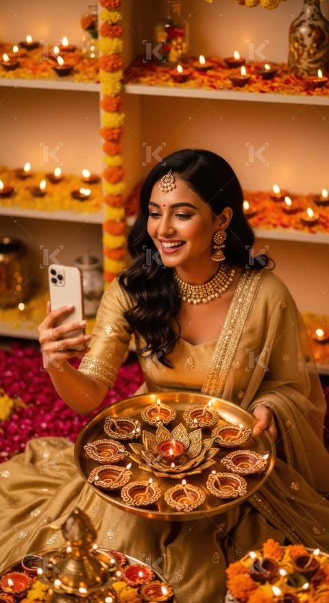 Young indian woman holding oil lamps plate and smartphone on diw