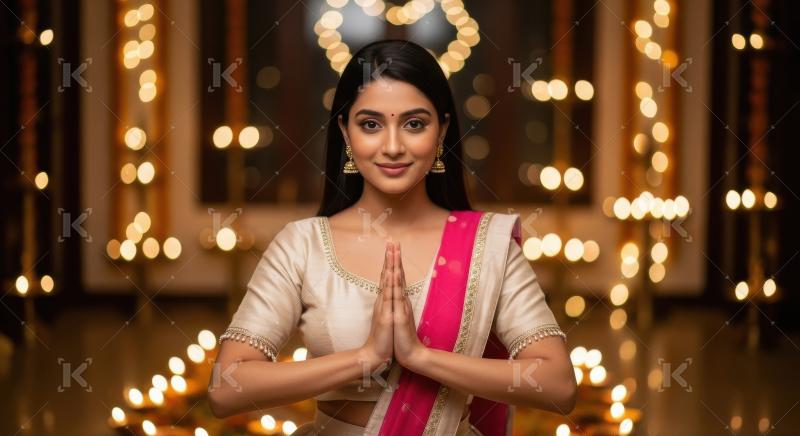 Young indian woman performing namaste gesture surrounded by glow
