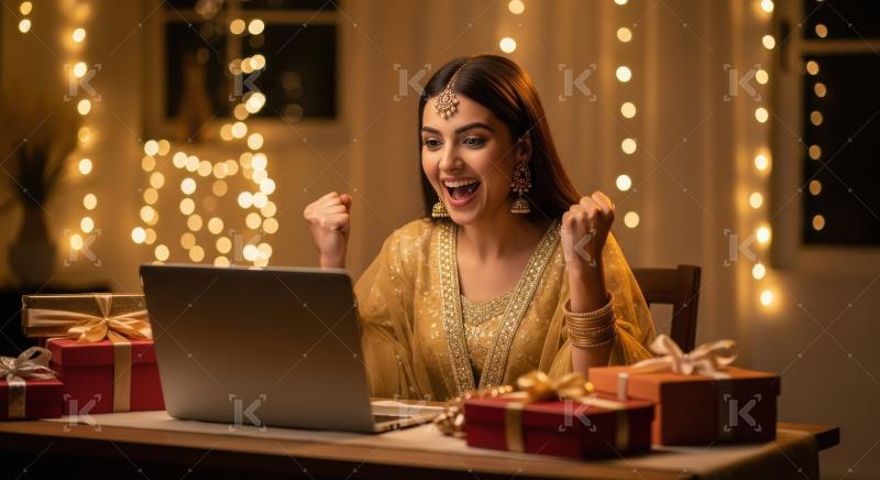 Young indian woman using laptop on diwali festival at home