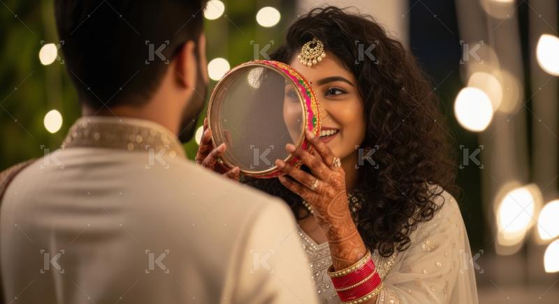Young indian couple celebrating karwa chauth festival together a