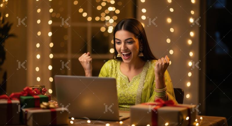 Young indian woman using laptop on diwali festival at home