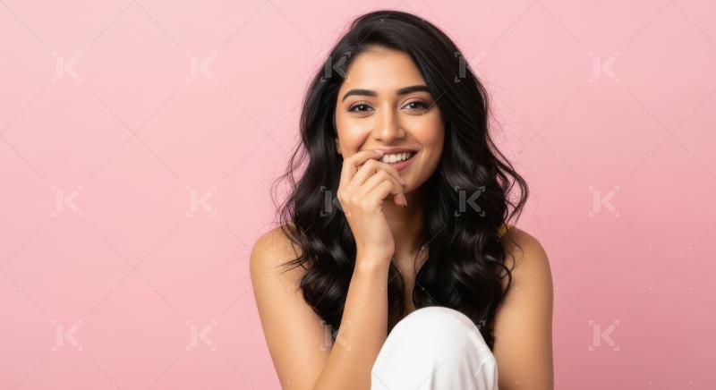 Young beautiful indian woman sitting on pink background