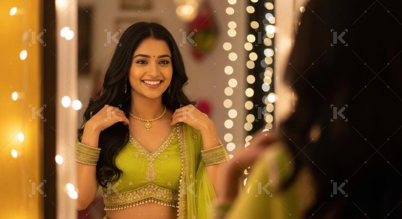 Young indian woman looking in mirror and wearing traditional nec