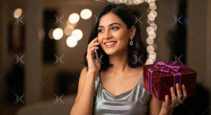 Young indian woman holding gift box talking on smartphone on diw