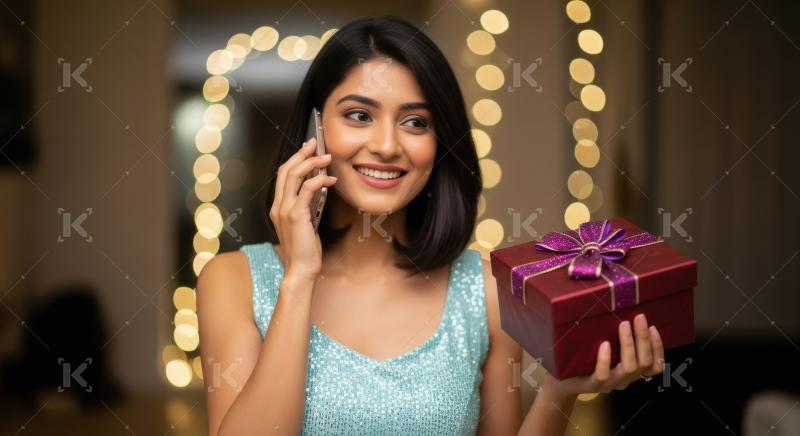 Young indian woman holding gift box talking on smartphone on diw