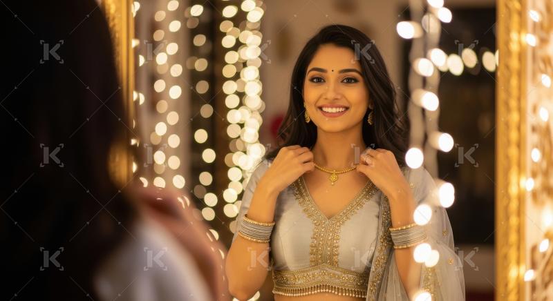 Young indian woman looking in mirror and wearing traditional nec
