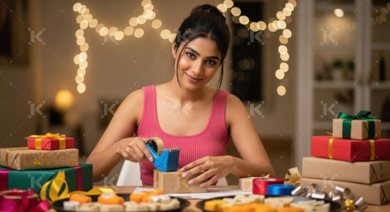 Young indian woman wrapped gifts boxes using tape and ribbons on