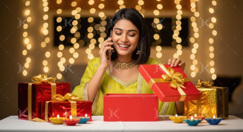 Young indian woman sitting with gift boxes and talking on smartp