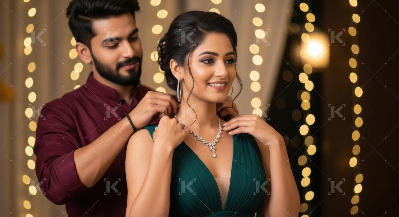 Indian husband putting a beautiful necklace on his wife on diwal