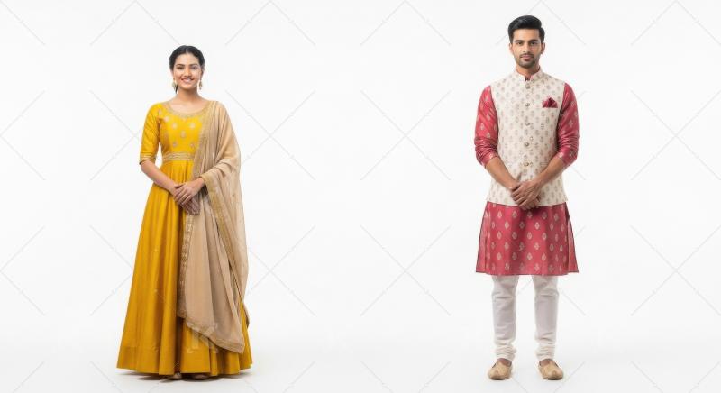Young indian couple wearing traditional cloths standing on white